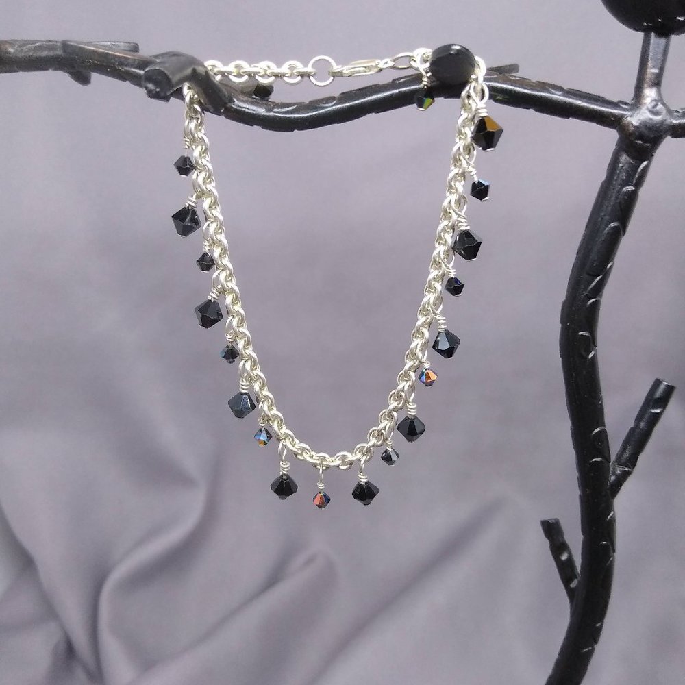 NWOT Bracelet or Anklet Sterling Silver, Austrian Black AB Crystals, Handmade